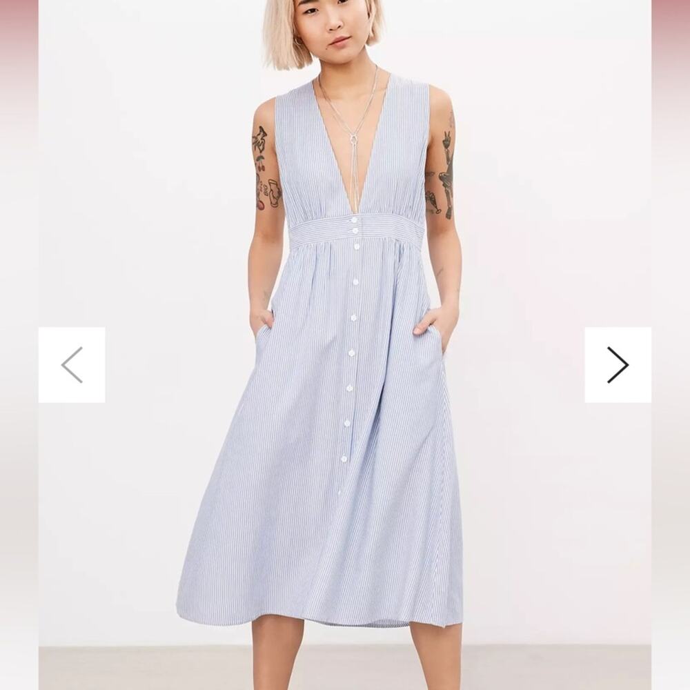 Kimchi Blue White and Blue Striped Button Down Deep V Neck Dress Size 6 NWT